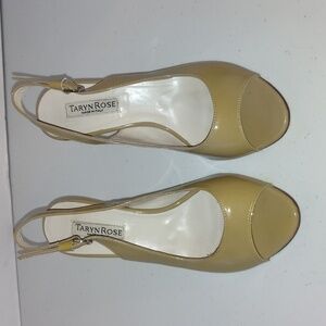 Taryn Rose beige tan sand color Patent Leather Open Toe Heels Size 37 Size 7